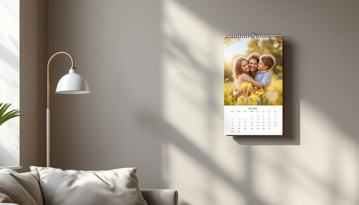 Fotokalender mit eigenem Foto an einer Wohnzimmerwand