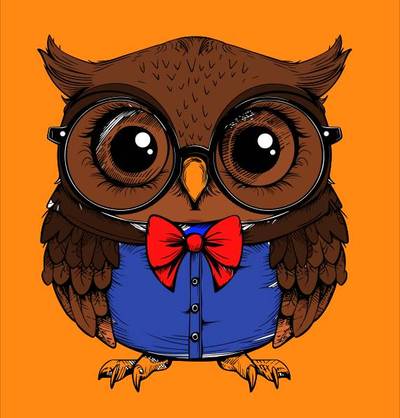 Ausgemalte Version: Cartoon-Eule mit Brille und Fliege