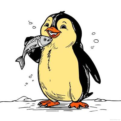 Väritetty versio: Iloinen pingviini kalalla