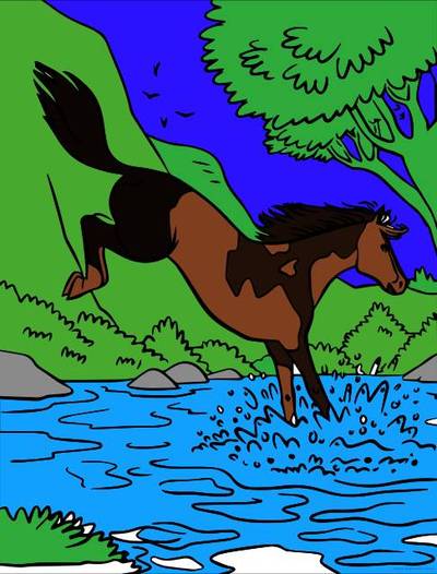 Väritetty versio: Hevonen joella – tulostettava värityssivu