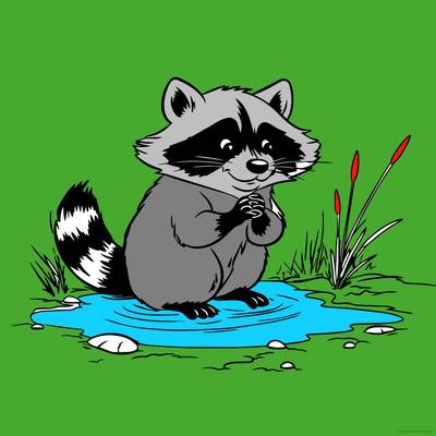 Fargelagt versjon: Vaskebjørn ved vannet