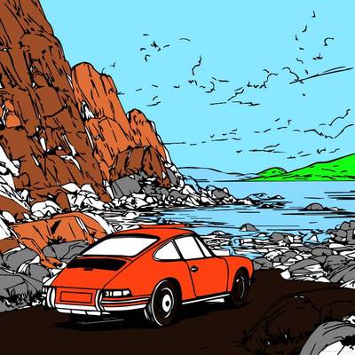 Väritetty versio: Klassinen auto kivisellä rannalla