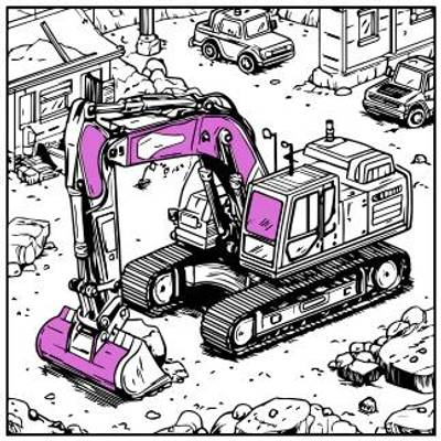 Ingekleurde versie: Graafmachine op een bouwplaats