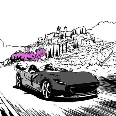 Colored version: Sports car on a scenic drive