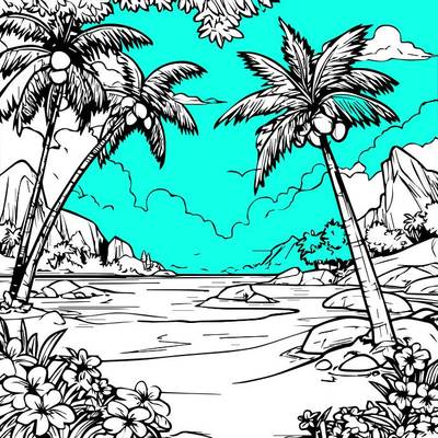 Fargelagt versjon: Fargeleggingsside av tropisk strand