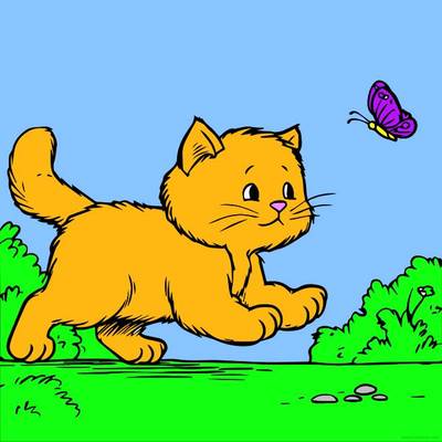 Färglagd version: Katt jagar en fjäril