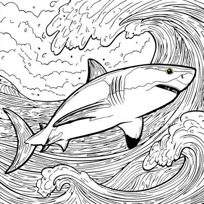 Version coloriée : Requin dans les vagues de l’océan