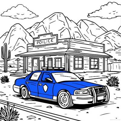 Versão colorida: Cena da estação de polícia e do carro