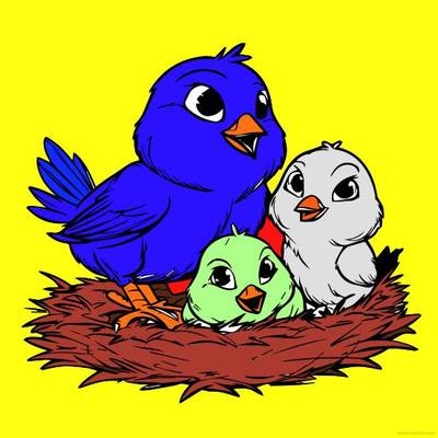 Versão colorida: Família de pássaros em um ninho aconchegante