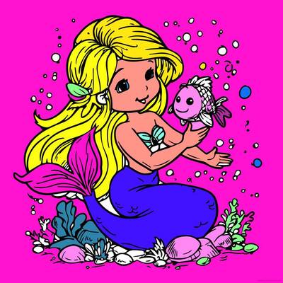 Ingekleurde versie: Onderwater scène met zeemeermin en vis