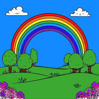 Farvelagt version: En glad regnbuescene.