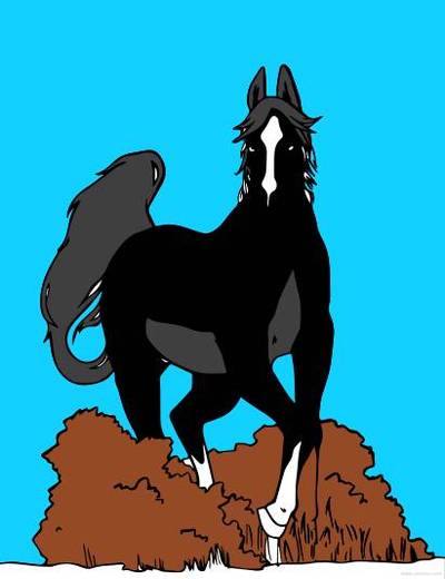 Farvelagt version: Hest bag buske