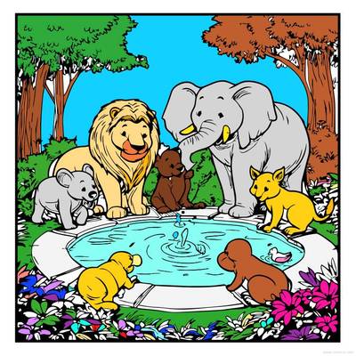 Versione colorata: Animali vicino allo stagno