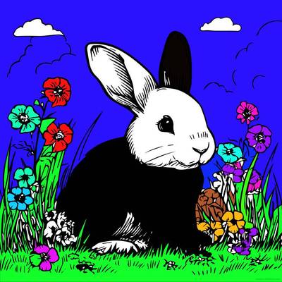 Ausgemalte Version: Kaninchen im Blumenfeld