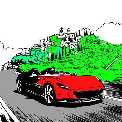 Ingekleurde versie: Sportwagen op een schilderachtige rit