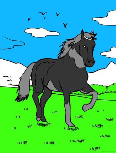 Ausgemalte Version: Schecke mit Vögeln