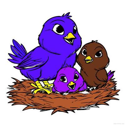 Fargelagt versjon: Fuglefamilie i et koselig rede