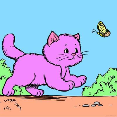 Version coloriée : Chat chassant un papillon