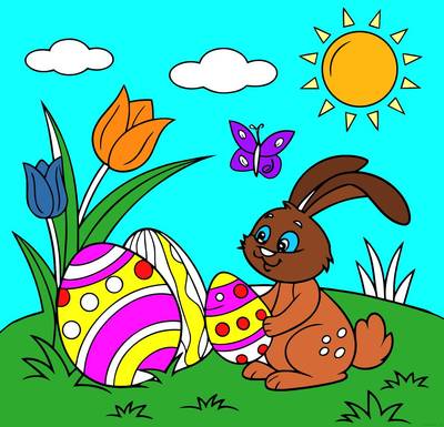 Väritetty versio: Pääsiäispupu koristeltujen munien kanssa