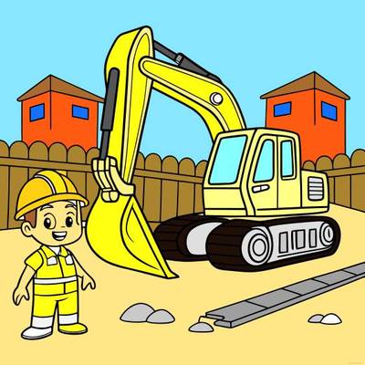 Versão colorida: Escavadora em um canteiro de obras