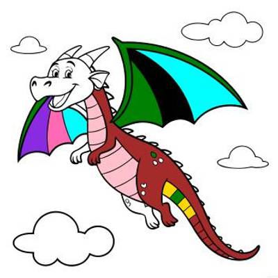 Ingekleurde versie: Vliegende draak met wolken