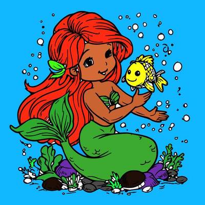 Wersja pokolorowana: Scena podwodna z syrenką i rybą