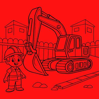 Versão colorida: Escavadora em um canteiro de obras