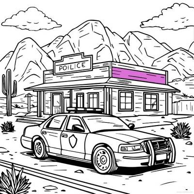 Ausgemalte Version: Polizeistation mit Auto in der Wüste