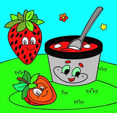 Wersja pokolorowana: Kubeczek jogurtu truskawkowego i truskawki
