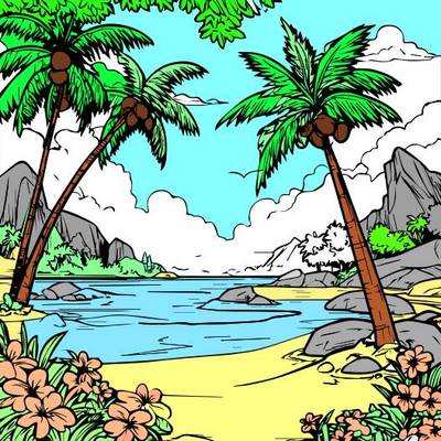 Ausgemalte Version: Tropischer Strand