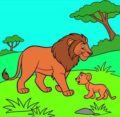 Colored version: Lion and cub in the savannah