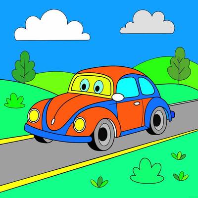 Ausgemalte Version: Cartoon-Auto auf einer Landstraße