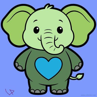 Ausgemalte Version: Kawaii-Elefant von vorn mit Herz