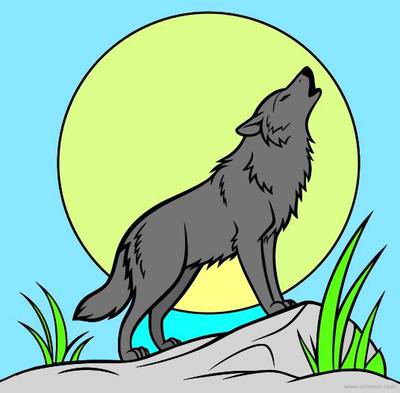 Versão colorida: Lobo uivando para a lua cheia