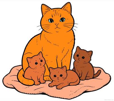 Fargelagt versjon: Kattemor med tre kattunger på teppe