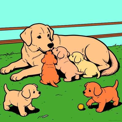 Versão colorida: Golden retriever com cinco filhotes