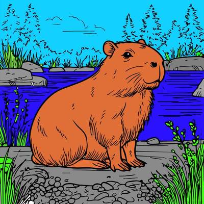 Colored version: Capybara by the river