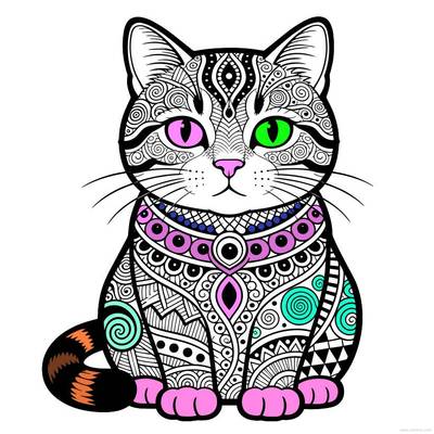 Wersja pokolorowana: Kot zentangle widziany od przodu