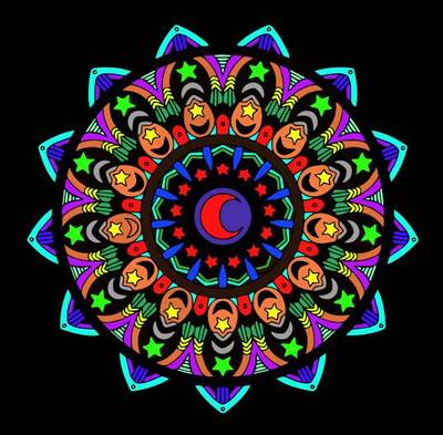 Ingekleurde versie: Mandala met Maan en Sterren