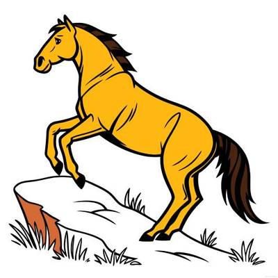 Ausgemalte Version: Wilder Mustang auf einem Felsen