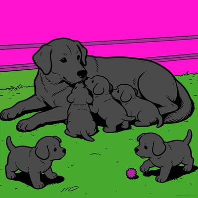 Versão colorida: Golden retriever com cinco filhotes