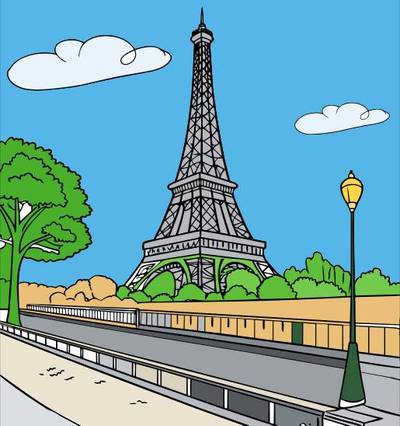 Väritetty versio: Eiffel-torni katunäkymässä