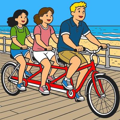 Färglagd version: Tre cyklister på tandemcykel vid stranden