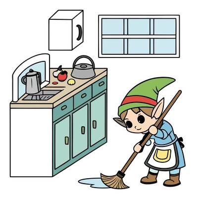 Version coloriée : Elfe de maison nettoyant la cuisine