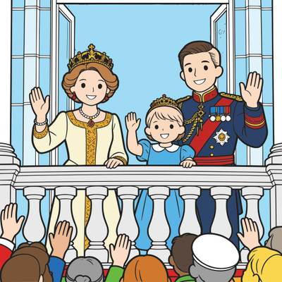 Ingekleurde versie: Koninklijke familie op het balkon