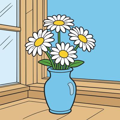Colored version: Daisies in a vase by the kitchen window