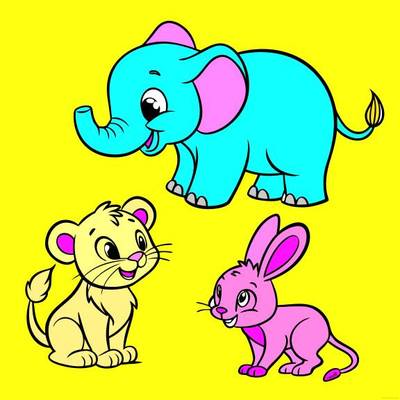 Version coloriée : Éléphant, lionceau et lapin
