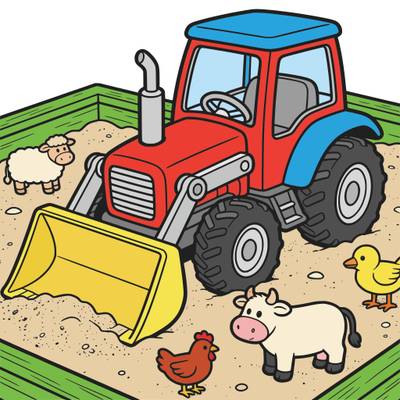 Farvelagt version: Legetraktor med bondegårdsdyr i sandkasse