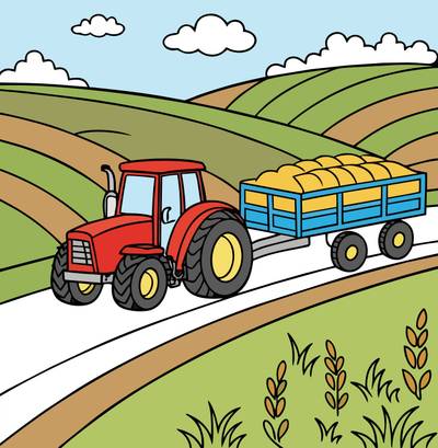 Farvelagt version: Traktor med høvogn på marken