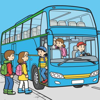 Farvelagt version: Turistbus med børn, der stiger ombord